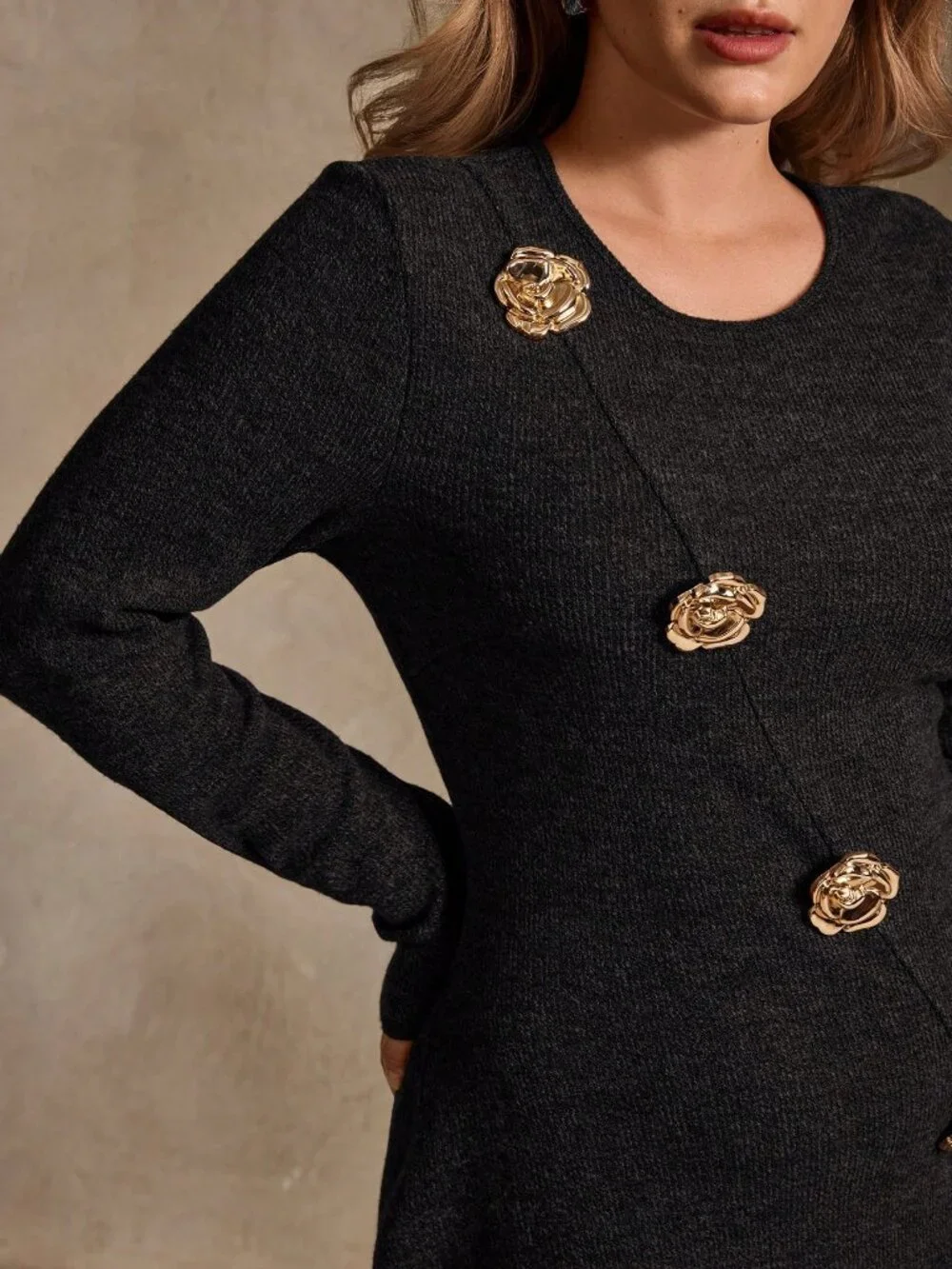 Black Elegant Women's Plus Size Ribbed Knit Metal Button Casual Dress